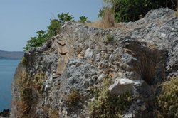 Figure 13: Closeup shows part of a building constructed on a limestone block transported downslope as rockfall. Photograph by John Underhill.